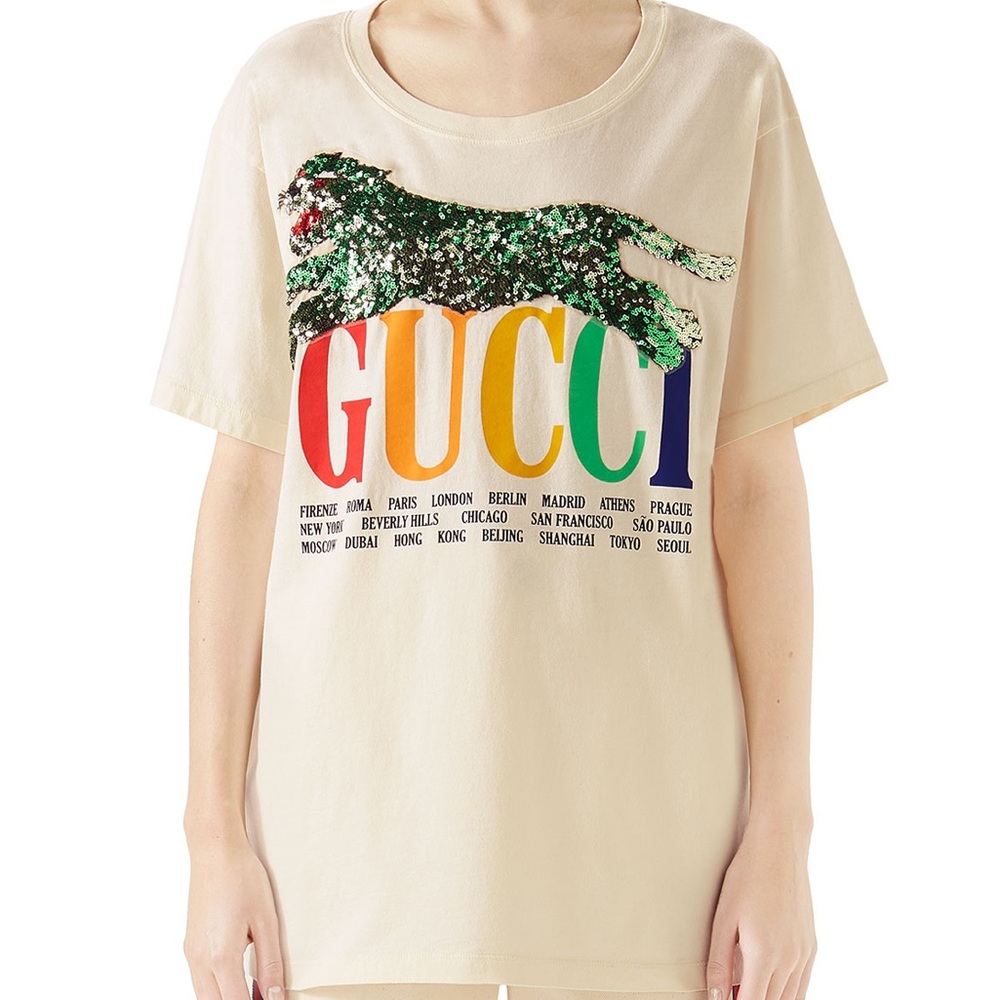 Gucci Beige Multicolor Logo Short Sleeve Tee